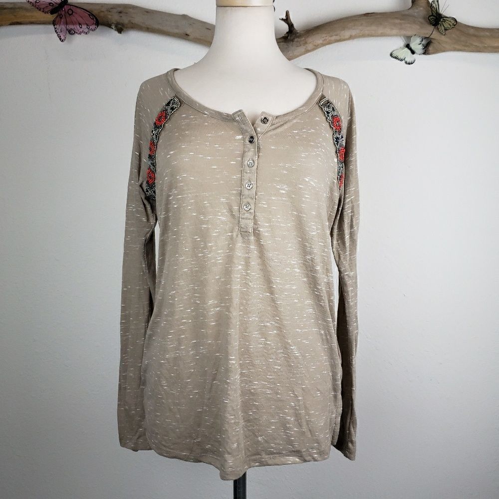 Eyeshadow tan beaded long sleeve henley tshirt